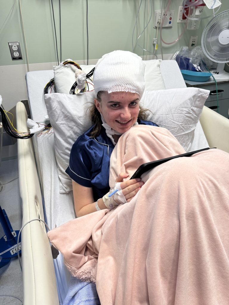 Cloé in her hospital bed during the SEEG study.